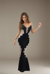 Femme Robe bandage longue sirène bustier décolleté cœur avec V plongeant en tulle illusion + découpes côtés et strass – Robe gainante | Dressie Dress