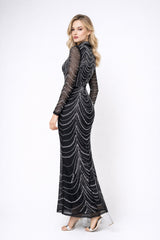 Femme Robe de soirée longue moulante à col montant manches longues en tulle et strass motif chaînes drapées – Robe cristalline brillante pour soirée | Dressie Dress