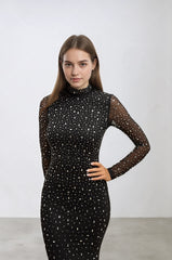 Femme Robe cristalline brillante longue col montant et manches transparentes & strass dispersés sur toute la robe | Dressie Dress