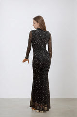 Femme Robe cristalline brillante longue col montant et manches transparentes & strass dispersés sur toute la robe | Dressie Dress