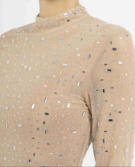 Women's Long, Shiny Crystal Dress with High Neck, Sheer Sleeves & Rhinestones Scattered All Over | Dressie Dress