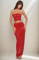 Ensemble de fête 2 pièces top bandeau entièrement strassé & jupe longue fendue taille haute | Dressie Dress