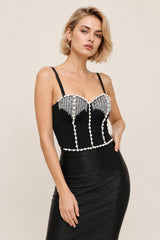 Top bustier femme Dressie Dress avec perles, strass et franges scintillantes, look sexy et glamour, porté élégant et tendance.