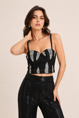 Top bustier femme en denim avec bretelles fines, bonnets structurés et détails de strass, par Dressie Dress