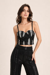Top bustier femme en denim avec bretelles fines, bonnets structurés et détails en strass de la marque Dressie Dress.