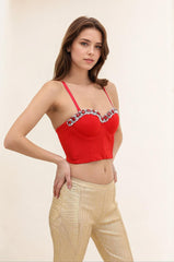 Femme Top bustier court rouge à fines bretelles bonnets cœur ornés de strass et perles – Style sexy et glamour | Dressie Dress - Dressie Dress