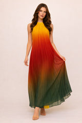 Robe longue femme imprimée dégradée avec encolure halter, épaules dégagées et coupe plissée ample, marque Dressie Dress