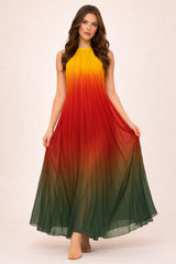 Robe longue imprimée dégradée pour femme, encolure halter, épaules dégagées, coupe plissée ample, marque Dressie Dress