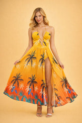 Robe femme imprimée tropicale Dressie Dress, combishort avec col halter, décolleté plongeant, découpes, jupe plissée et jambes longues