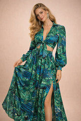 Long printed dresses with shirt collar, plunging V-neck, front bow, cutouts at the waist, elasticated waist, long puff sleeves and slit | Dressie Dress