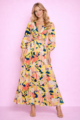Robe longue pour femme Dressie Dress à motif floral abstrait, col chemise, manches longues et taille haute, nouée à l'avant