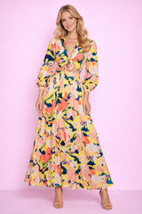 Robe longue pour femme Dressie Dress à motif floral abstrait, col chemise, manches longues et taille haute, nouée à l'avant