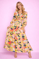 Robe longue femme Dressie Dress à motif floral abstrait, col chemise, manches longues, taille haute, nouée devant.