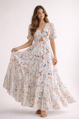Robe longue à fleurs pour femme, décolleté en V, taille haute, jupe à volants, marque Dressie Dress, look élégant et féminin
