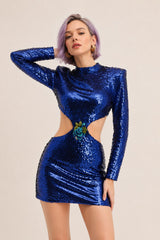 Robe habillée courte pour femme Dressie Dress avec sequins, col montant, manches longues, découpes à la taille et dos nu.