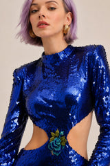 Robe habillée courte pour femme Dressie Dress avec sequins, col montant, manches longues, dos nu et détails floraux en bijou