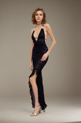 Robes de fête & festivals – Robe longue moulante en dentelle stretch décolleté V plongeant dos nu à nouer fronces à la taille et fente côté | Dressie Dress