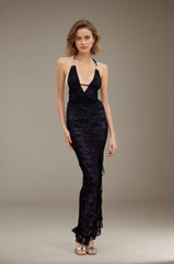 Robes de fête & festivals – Robe longue moulante en dentelle stretch décolleté V plongeant dos nu à nouer fronces à la taille et fente côté | Dressie Dress