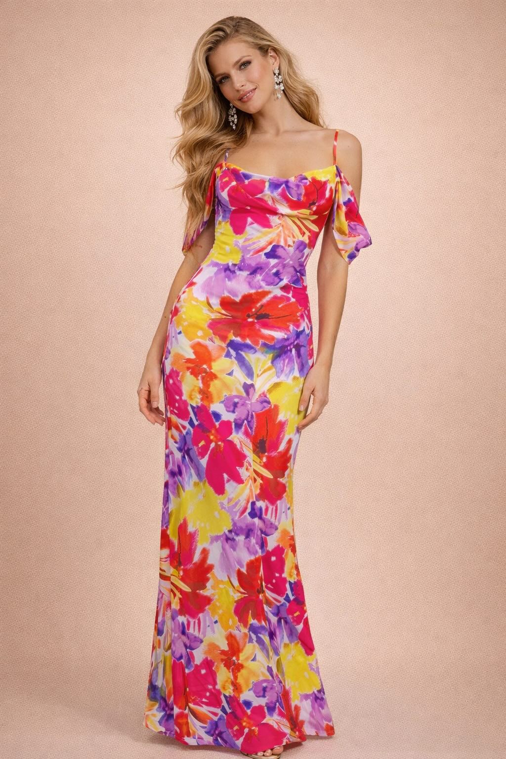 Femme Robe imprimée longue moulante à bretelles avec épaules dénudées encolure drapée et dos échancré | Dressie Dress - Dressie Dress