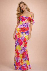 Femme Robe imprimée longue moulante à bretelles avec épaules dénudées encolure drapée et dos échancré | Dressie Dress - Dressie Dress