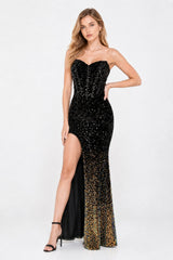 Robe de soirée sirène à sequins dégradés, bustier cœur, corset baleiné, fente haute, silhouette glamour de Dressie Dress