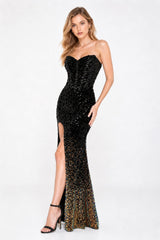 Robe de soirée sirène en sequins dégradés avec bustier cœur et corset baleiné, fente haute, style glamour Dressie Dress.