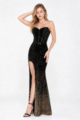 Robe de soirée sirène à sequins dégradés, bustier cœur, corset baleiné et fente haute, élégance glamour, Dressie Dress