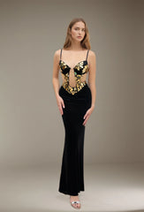 Robe longue sirène avec buste effet miroir cristal bonnets structurés - fines bretelles découpe tulle au centre et côtés ajourés - taille en V traîne légère | Dressie Dress