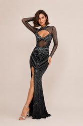 Femme Robe longue moulante à strass avec col montant manches longues en tulle découpe poitrine et fente haute – Robe cristalline sexy | Dressie Dress