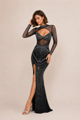 Femme Robe longue moulante à strass avec col montant manches longues en tulle découpe poitrine et fente haute – Robe cristalline sexy | Dressie Dress