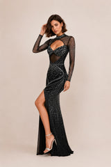Femme Robe longue moulante à strass avec col montant manches longues en tulle découpe poitrine et fente haute – Robe cristalline sexy | Dressie Dress