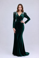Long velvet stretch evening dress with surplice V-neck, long sleeves with embellished shoulders, and empire waist | Dressie Dress