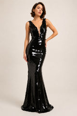 Robe de soirée longue moulante noire avec sequins, décolleté V profond et empiècement en tulle nude, coupe sirène, Dressie Dress