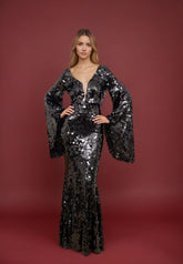 Femme Robe de soirée longue à sequins avec décolleté V plongeant empiècement en tulle et manches cape évasées – Silhouette élégante | Dressie Dress