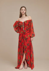 Robes imprimées longue épaules dénudées manches bouffantes transparentes fronces gainantes boutons bijoux et fente | Dressie Dress