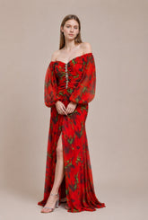 Robes imprimées longue épaules dénudées manches bouffantes transparentes fronces gainantes boutons bijoux et fente | Dressie Dress
