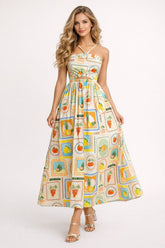 Robe femme imprimée à fines bretelles croisées, découpe à la taille, jupe midi évasée, style romantique et chic, marque Dressie Dress