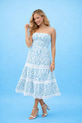 Robe femme imprimée bustier style français, jupe midi à volants avec détails en dentelle, taille haute, marque Dressie Dress