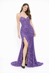 Femme Robes de soirée longue à sequins décolleté cœur fines bretelles dos nu lacé et fente haute | Dressie Dress