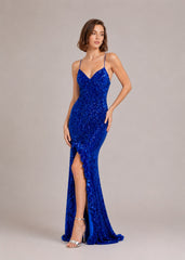 Femme Robes de soirée longue à sequins décolleté cœur fines bretelles dos nu lacé et fente haute | Dressie Dress