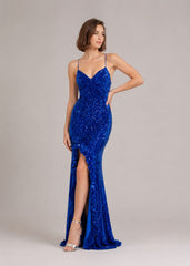 Femme Robes de soirée longue à sequins décolleté cœur fines bretelles dos nu lacé et fente haute | Dressie Dress