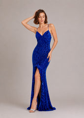 Femme Robes de soirée longue à sequins décolleté cœur fines bretelles dos nu lacé et fente haute | Dressie Dress