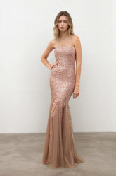 Femme Robes de soirée longue sirène à sequins bustier sans bretelles coupe moulante gainante avec bas en tulle | Dressie Dress