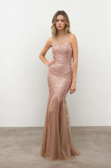 Femme Robes de soirée longue sirène à sequins bustier sans bretelles coupe moulante gainante avec bas en tulle | Dressie Dress