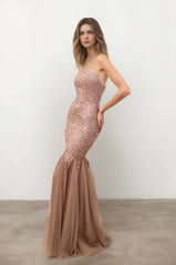 Femme Robes de soirée longue sirène à sequins bustier sans bretelles coupe moulante gainante avec bas en tulle | Dressie Dress