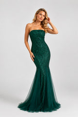 Femme Robes de soirée longue sirène à sequins bustier sans bretelles coupe moulante gainante avec bas en tulle | Dressie Dress