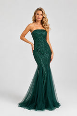 Femme Robes de soirée longue sirène à sequins bustier sans bretelles coupe moulante gainante avec bas en tulle | Dressie Dress