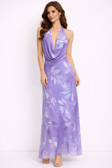 Robe longue femme imprimée Dressie Dress, dos nu, col halter, décolleté plongeant, taille marquée et jupe fluide.