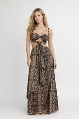 Femme Robe imprimée longue motif serpent avec décolleté cœur bretelles perlées découpes à la taille et lien devant jupe portefeuille asymétrique | Dressie Dress - Dressie Dress