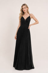 Robes de soirée longue plissée scintillante fines bretelles décolleté V avec tulle dos croisé et taille marquée | Dressie Dress